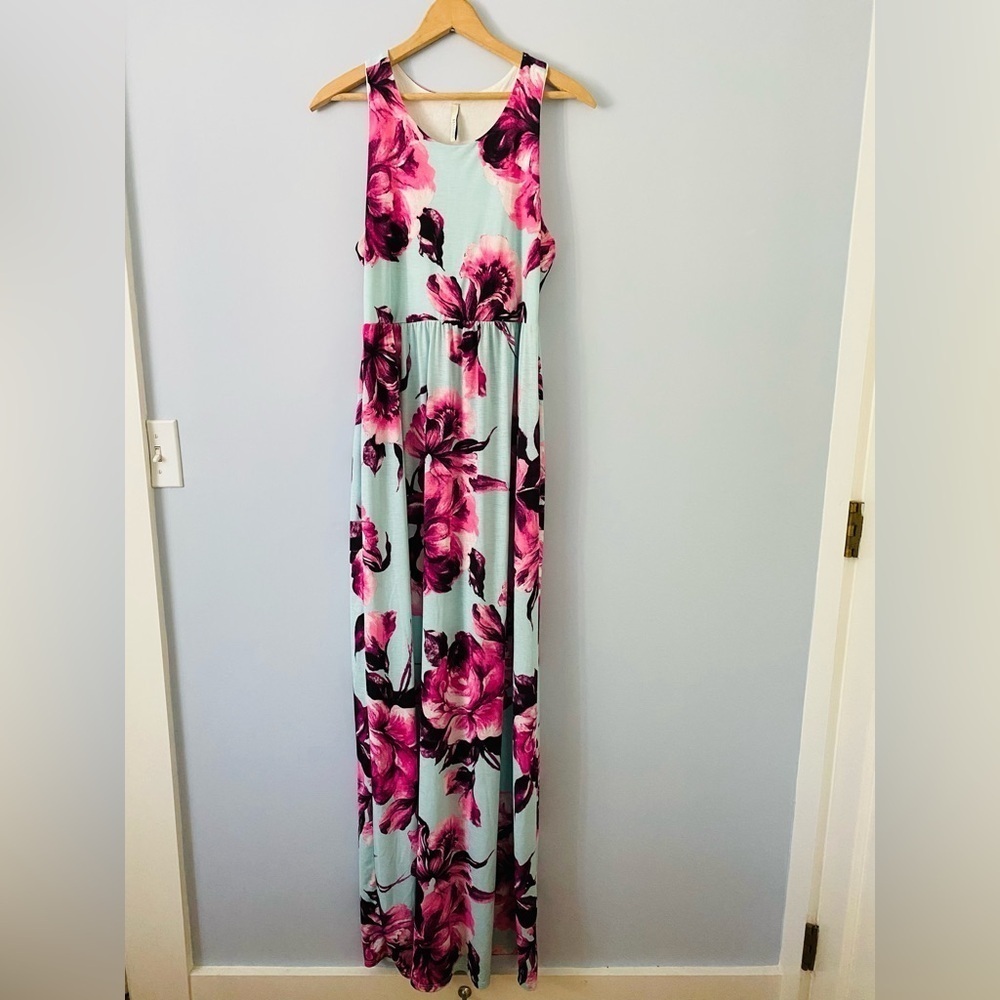 Bellamie Women's Floral Maxi Tank Dress, Size Small, Pink & Blue Floral, Pockets
